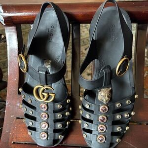 Gucci Black Sandals with Gold and Pink Accents